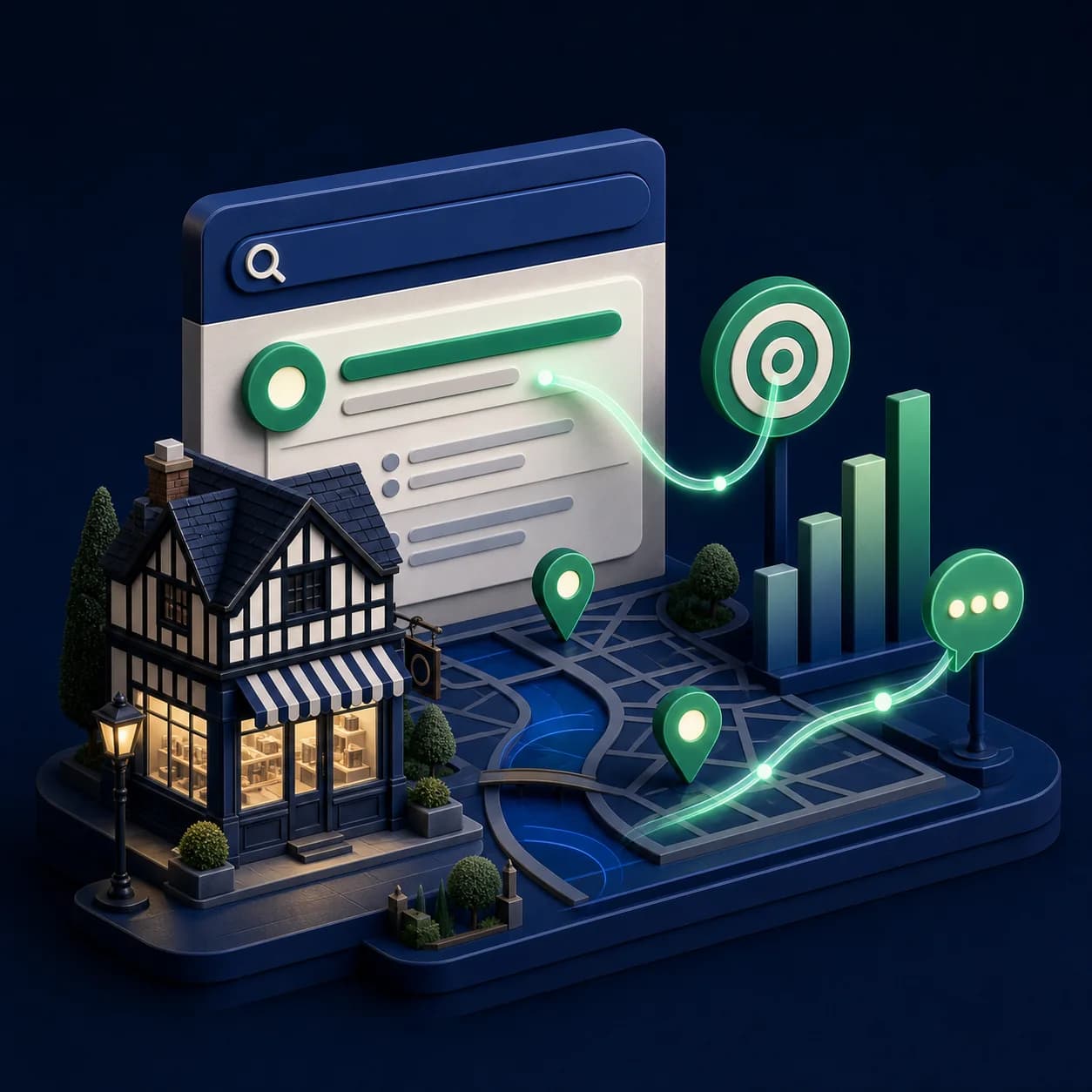 Illustration of local search visibility connecting a Chester business to rankings and enquiries