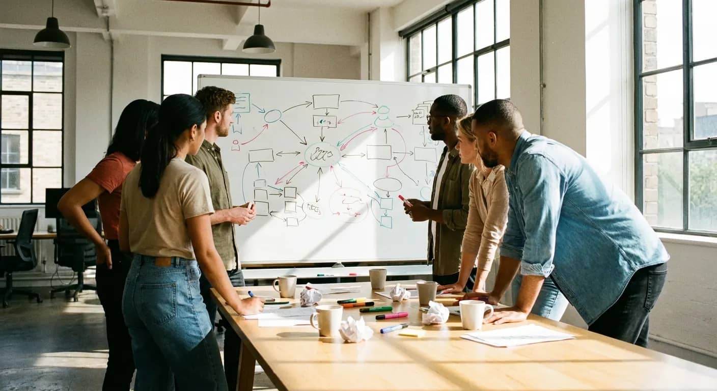 Web design team sketching a website structure and user flow on a whiteboard