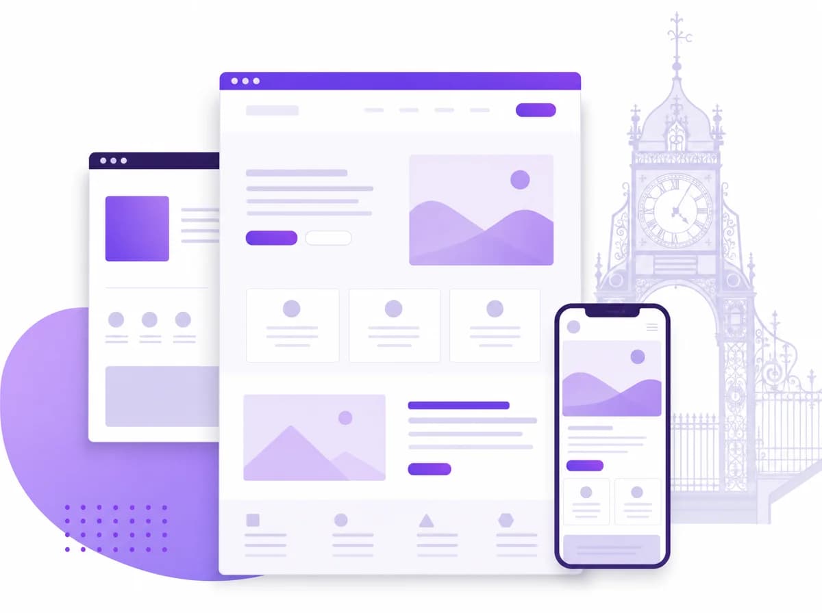 Illustration of the websites we design and build in Chester — desktop and mobile layouts beside the Eastgate Clock
